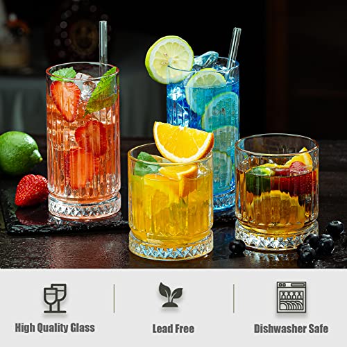 wookgreat Crystal Drinking Glasses, Set of 8 Durable Glass Cups-4 Highball Glasses 15oz & 4 Rocks Glasses 12oz, Mojito Cups, Cocktail Glass, Bar Glassware Set for Cocktail, Beer, Whiskey