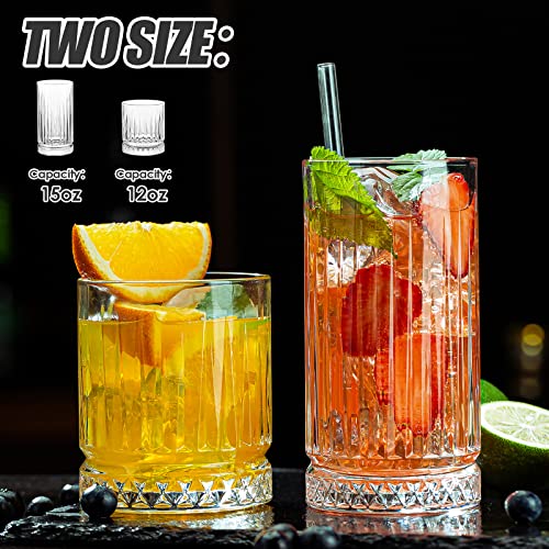 wookgreat Crystal Drinking Glasses, Set of 8 Durable Glass Cups-4 Highball Glasses 15oz & 4 Rocks Glasses 12oz, Mojito Cups, Cocktail Glass, Bar Glassware Set for Cocktail, Beer, Whiskey