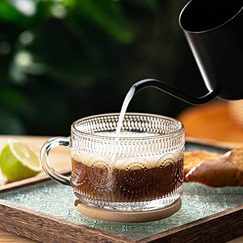 wookgreat Vintage Coffee Mugs Set of 6, 14 oz Glass Coffee Tea Cups with Handle, Clear Embossed Glassware with 6 Spoons, Glass Mugs, Glass Coffee Cups for Cappuccino, Latte, Cereal, Yogurt, Milk