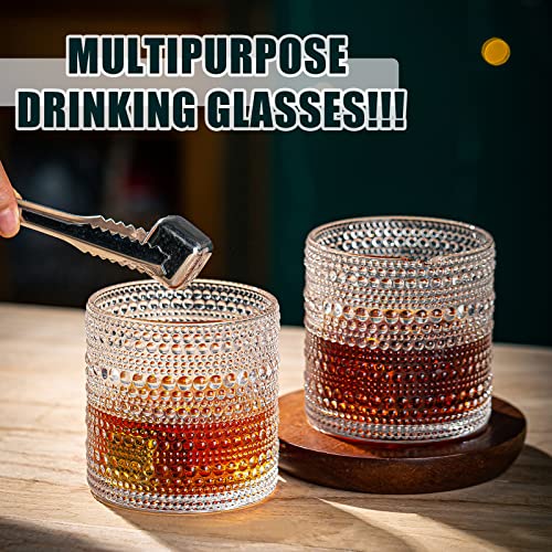 wookgreat Drinking Glasses, 8 pcs Embossed Designed Glass Cups-4 Highball Glasses 15oz & 4 Rocks Glasses 13oz, Mojito Cups, Mixed Drink Cocktail Glass, Bar Glassware for Cocktail, Beer, Whiskey