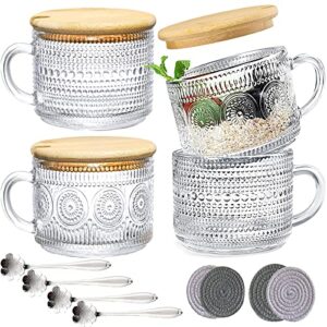 driony vintage coffee glass mugs set of 4, glass coffee tea cups with bamboo lids, coaster and spoons,15oz clear embossed drinking glass cups,tea cups