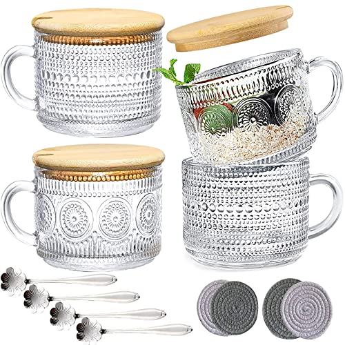 Driony Vintage Coffee Glass Mugs Set of 4, Glass Coffee Tea Cups with Bamboo Lids, Coaster and Spoons,15oz Clear Embossed Drinking Glass Cups,Tea Cups