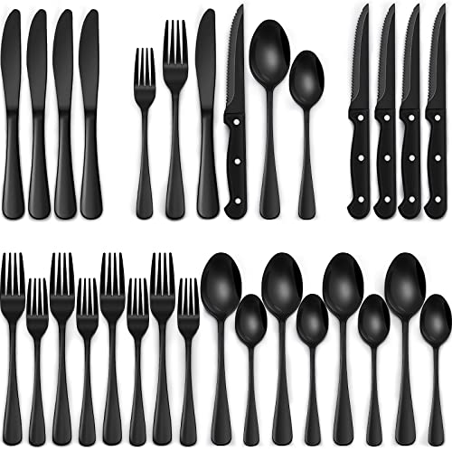 24-Piece Black Silverware Set with Steak Knives, Black Flatware Set for 4, Food-Grade Stainless Steel Tableware Cutlery Set, Mirror Finished Utensil Sets for Home Restaurant