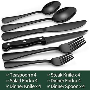 24-Piece Black Silverware Set with Steak Knives, Black Flatware Set for 4, Food-Grade Stainless Steel Tableware Cutlery Set, Mirror Finished Utensil Sets for Home Restaurant