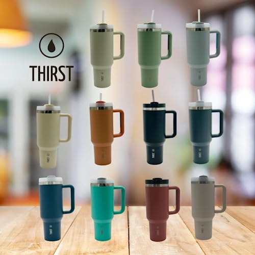 THIRST Quench H2.0 40 oz tumbler with handle and straw | Tumbler with lid and straw | Stainless-Steel Tumbler | Insulated Tumblers | Thermos for Hot and Cold Drinks | Cup | Water Bottle (Eucalyptus)