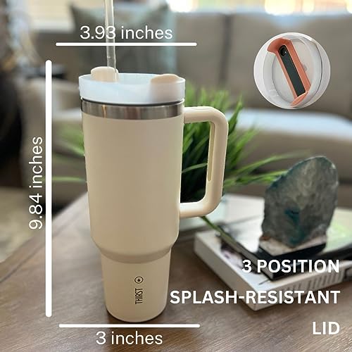 THIRST Quench H2.0 40 oz tumbler with handle and straw | Tumbler with lid and straw | Stainless-Steel Tumbler | Insulated Tumblers | Thermos for Hot and Cold Drinks | Cup | Water Bottle (Eucalyptus)