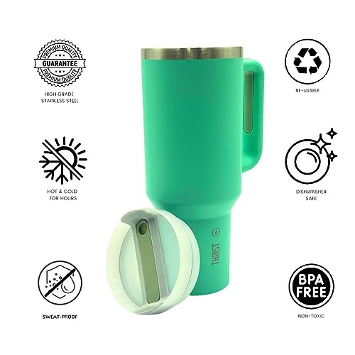 THIRST Quench H2.0 40 oz tumbler with handle and straw | Tumbler with lid and straw | Stainless-Steel Tumbler | Insulated Tumblers | Thermos for Hot and Cold Drinks | Cup | Water Bottle (Eucalyptus)