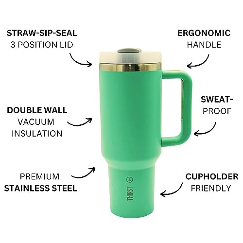 THIRST Quench H2.0 40 oz tumbler with handle and straw | Tumbler with lid and straw | Stainless-Steel Tumbler | Insulated Tumblers | Thermos for Hot and Cold Drinks | Cup | Water Bottle (Eucalyptus)