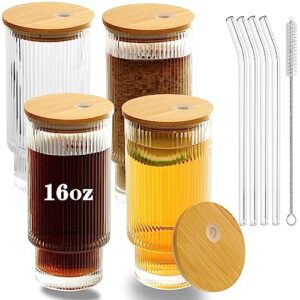 cayorepo 4 pcs set 16oz ribbed drinking glasses with bamboo lids and straws, ribbed glass cups, stackable glasses, vintage water glasses for juice, beer, coffee, tea and cocktail (clear(4pcs))