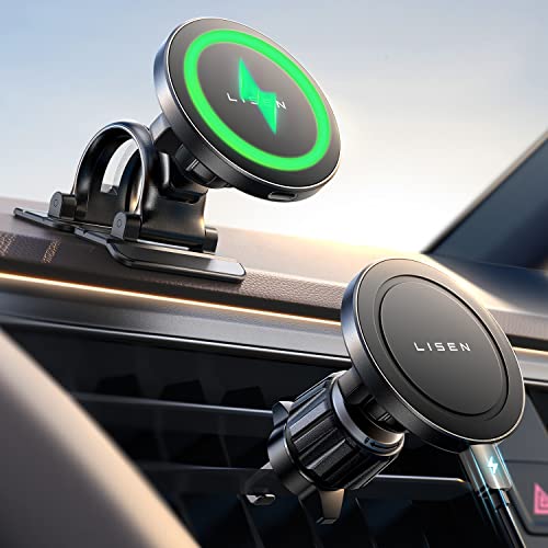 LISEN for Magsafe Car Mount Charger Wireless 15W Car Charger for iPhone [Powerful Magnets] Magnetic Car Phone Holder Mount Wireless Fast Charging for Magsafe Charger Fits iPhone 14 13 12 Magsafe Case