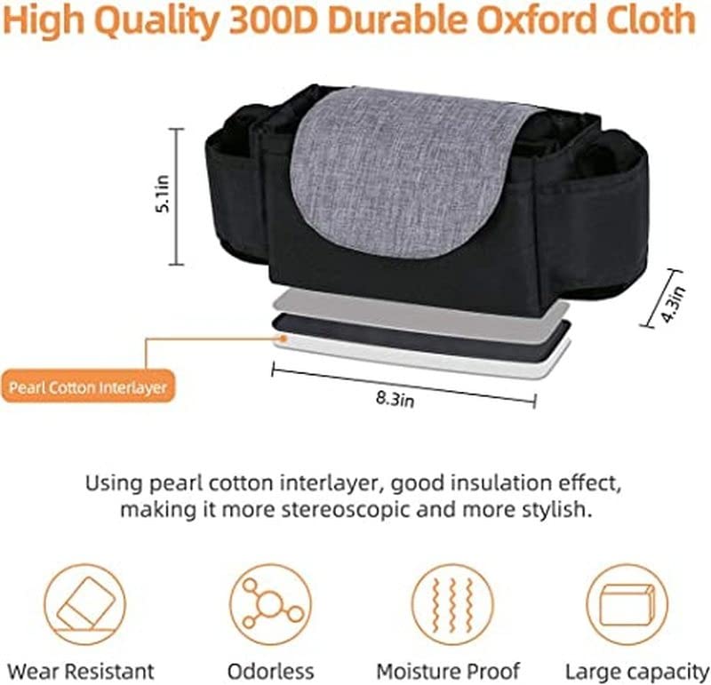 YWHWLX Stroller Organizer Bag With Cup Holders, Stroller Accessories Organizer and Bottle Holder Fits Most Strollers for Bottle,Diaper,Phone,Keys,Toys (Grey)