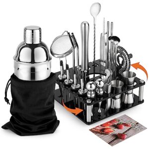 kingrow mixology cocktail shaker set - complete 29-piece bartender kit and bar tools with acrylic rotating stand, professional bar set for drink mixing, home, bar, party (sliver)