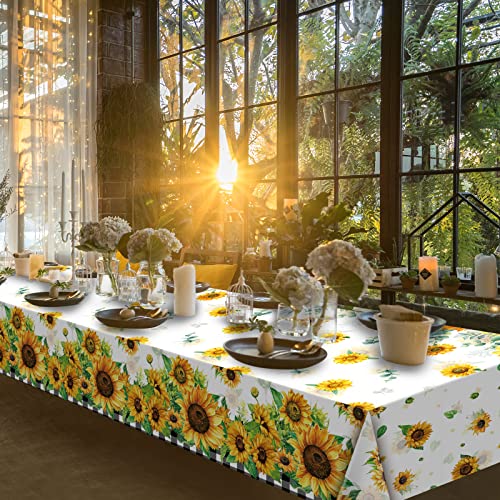 4Pcs Sunflower Buffalo Plaid Checkered Tablecloths,Plastic Sunflower Floral Table Cloth Spring Summer Vinyl Table Cover for Indoor Outdoor Birthday Bridal Baby Shower Party Decorations,54 x 108 Inch