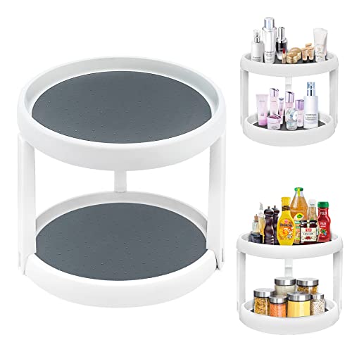 umicial Lazy Susan Organizer Turntable Organizer Lazy Susan Turntable for Cabinet Spice Spinner Spice Rack Organizer for Cabinet Spinning Rack 360 Rotating Non-Skid 2 Tier 10 Inch (White and Grey)