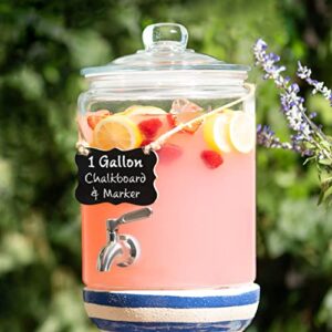 1 Gallon Beverage Dispenser with Stainless Steel Spigot + Marker & Chalkboard 100% Leakproof Glass Drink Dispenser for Parties with Spout, Airtight Beverage Serveware for Water, Juice, Laundry