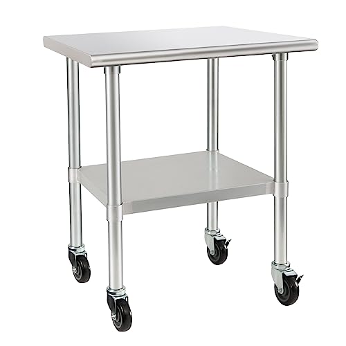 HARDURA Stainless Steel Table with Wheels 24 x 36 Inches Casters NSF Heavy Duty Commercial Work & Prep Table with Undershelf and Galvanized Legs for Restaurant Kitchen Bar and Hotel Garage