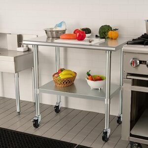 HARDURA Stainless Steel Table with Wheels 24 x 36 Inches Casters NSF Heavy Duty Commercial Work & Prep Table with Undershelf and Galvanized Legs for Restaurant Kitchen Bar and Hotel Garage