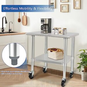 HARDURA Stainless Steel Table with Wheels 24 x 36 Inches Casters NSF Heavy Duty Commercial Work & Prep Table with Undershelf and Galvanized Legs for Restaurant Kitchen Bar and Hotel Garage