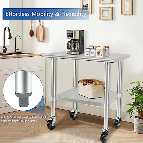 HARDURA Stainless Steel Table with Wheels 24 x 36 Inches Casters NSF Heavy Duty Commercial Work & Prep Table with Undershelf and Galvanized Legs for Restaurant Kitchen Bar and Hotel Garage