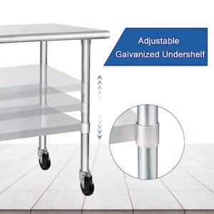 HARDURA Stainless Steel Table with Wheels 24 x 36 Inches Casters NSF Heavy Duty Commercial Work & Prep Table with Undershelf and Galvanized Legs for Restaurant Kitchen Bar and Hotel Garage