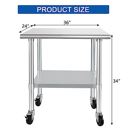 HARDURA Stainless Steel Table with Wheels 24 x 36 Inches Casters NSF Heavy Duty Commercial Work & Prep Table with Undershelf and Galvanized Legs for Restaurant Kitchen Bar and Hotel Garage