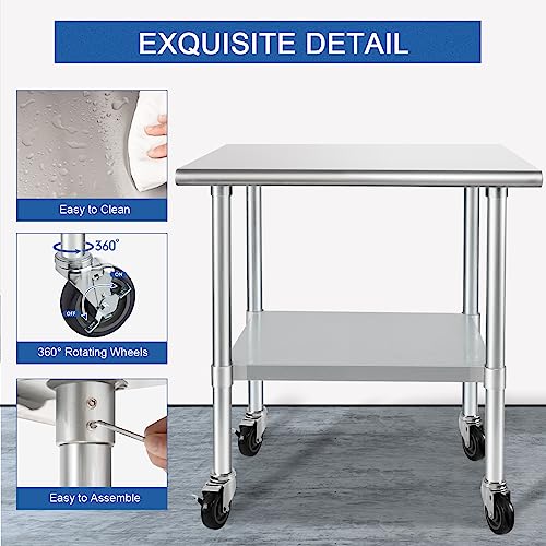 HARDURA Stainless Steel Table with Wheels 24 x 36 Inches Casters NSF Heavy Duty Commercial Work & Prep Table with Undershelf and Galvanized Legs for Restaurant Kitchen Bar and Hotel Garage