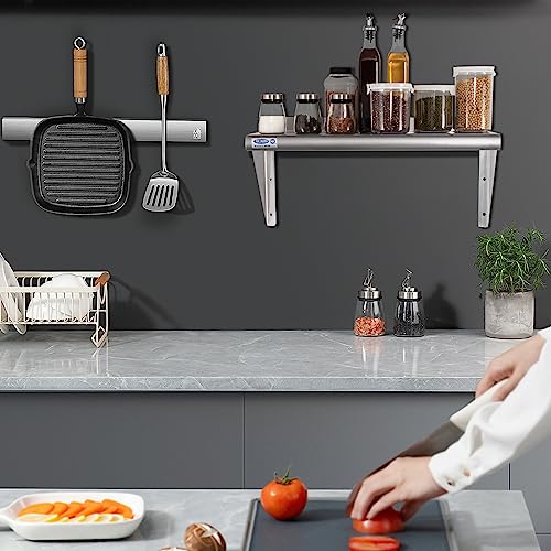 HARDURA Stainless Steel Shelf 12" x 24", 210lb Commercial Shelves Wall Mount Metal Shelving with Backsplash and Brackets for Kitchen, Restaurant, Laundry Room and Home