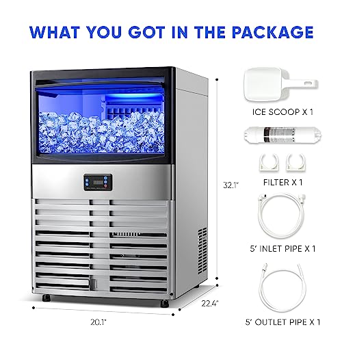 ICEJUNGLE Commercial Ice Maker, 88lbs/24H Ice Machine Self Clean, Stainless Steel Freestanding Ice Machine for Restaurant/Bars/Home/Offices Includes Scoop