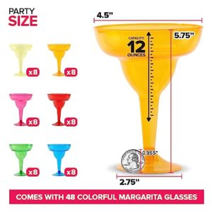 Stock Your Home Multicolor Plastic Margarita Glasses Disposable (Set of 48) Decorations for Cinco de Mayo Parties, Colorful Cocktail Cups for Tropical Party Supplies - Large 12 oz Hurricane Glasses