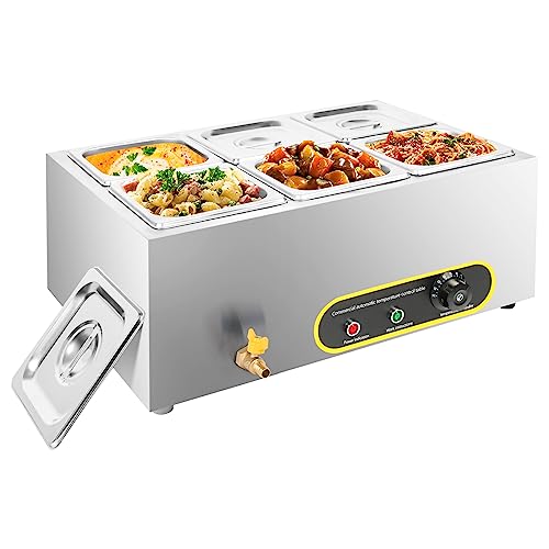 Commercial Food Warmer 110V 6-Pan 1500W Electric Steam Table Stainless Steel Bain Marie Buffet 15.4 Qt Capacity with Temperature Control & Tap for Parties, Banquet and Catering Events