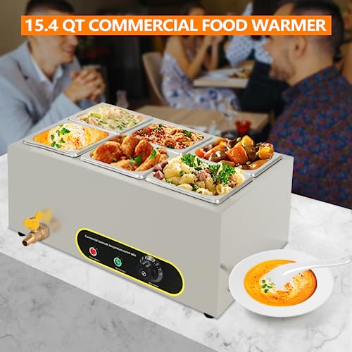 Commercial Food Warmer 110V 6-Pan 1500W Electric Steam Table Stainless Steel Bain Marie Buffet 15.4 Qt Capacity with Temperature Control & Tap for Parties, Banquet and Catering Events