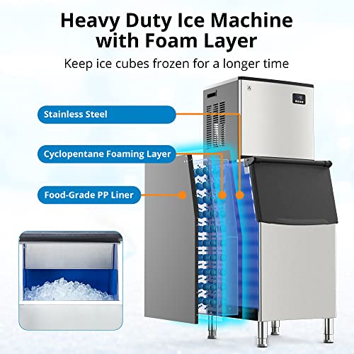 ACONEE Commercial Ice Maker Machine, 350lbs/24H Stainless Steel Under Counter ice Machine with 220lbs Ice Storage Capacity, Freestanding Ice Maker, High Efficiency