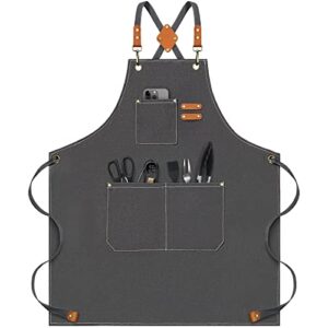riqiaqia chef apron for women men, cotton canvas cross back apron with adjustable strap and large pockets (grey)