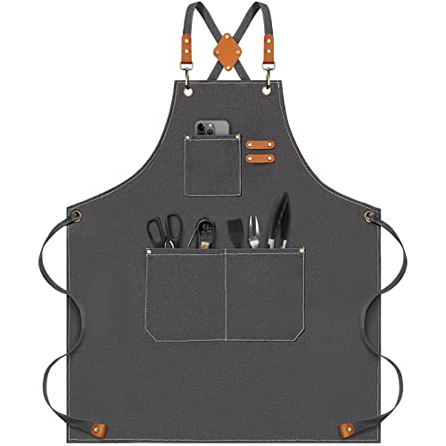 Riqiaqia Chef Apron for Women Men, Cotton Canvas Cross Back Apron with Adjustable Strap and Large Pockets (Grey)