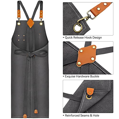 Riqiaqia Chef Apron for Women Men, Cotton Canvas Cross Back Apron with Adjustable Strap and Large Pockets (Grey)