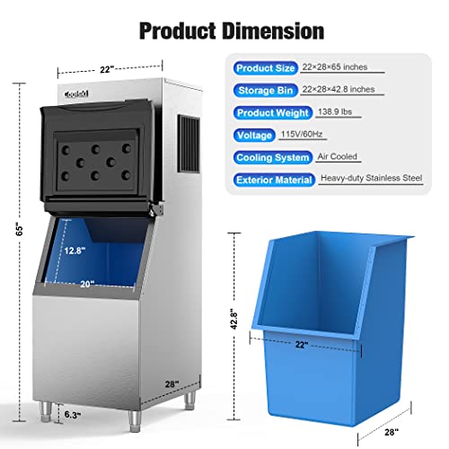 Coolski Commercial Ice Maker Machine 450Lb/24H, 22'' Wide Ice Machine with 300Lb Large Storage Bin, Clear Ice Cube Air Cooled Stainless Steel Ice Maker for Bar/Cafe/Restaurant/Business