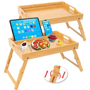 greenual 2 pack bed tray table with handles folding legs, bamboo breakfast food tray with media slot, use as platter, laptop desk, snack, tv tray kitchen serving tray