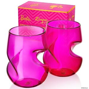 dragon glassware x barbie stemless wine glasses, pink and magenta glass with finger indentations, naturally aerates wine, unique gift for wine lovers, 16 oz capacity, set of 2