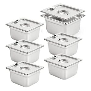 owleen 6 pack anti-jam slotted hotel pans with lids, 1/6 size 4 inch deep, commercial 18/8 stainless steel table food pan
