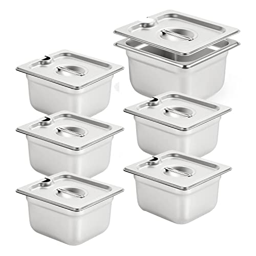 OWLEEN 6 Pack Anti-Jam Slotted Hotel Pans with Lids, 1/6 Size 4 Inch Deep, Commercial 18/8 Stainless Steel Table Food Pan