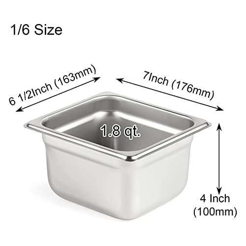 OWLEEN 6 Pack Anti-Jam Slotted Hotel Pans with Lids, 1/6 Size 4 Inch Deep, Commercial 18/8 Stainless Steel Table Food Pan