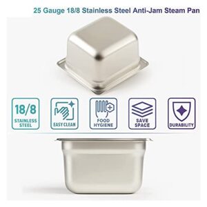 OWLEEN 6 Pack Anti-Jam Slotted Hotel Pans with Lids, 1/6 Size 4 Inch Deep, Commercial 18/8 Stainless Steel Table Food Pan