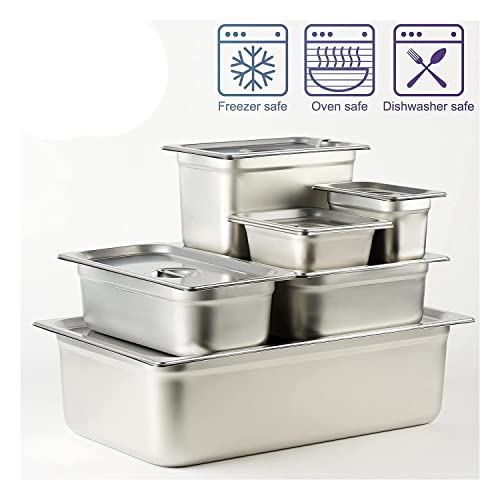 OWLEEN 6 Pack Anti-Jam Slotted Hotel Pans with Lids, 1/6 Size 4 Inch Deep, Commercial 18/8 Stainless Steel Table Food Pan