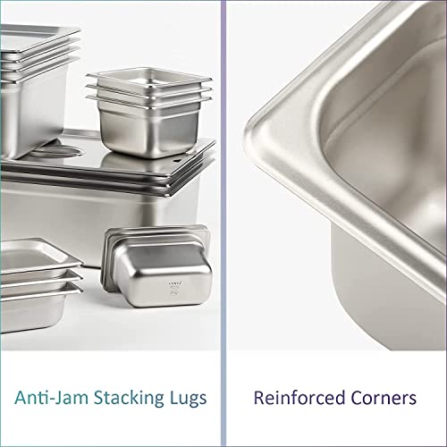 OWLEEN 6 Pack Anti-Jam Slotted Hotel Pans with Lids, 1/6 Size 4 Inch Deep, Commercial 18/8 Stainless Steel Table Food Pan