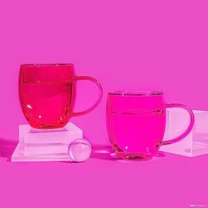 Dragon Glassware x Barbie Glass Coffee Mugs, Pink and Magenta Double Wall Insulated Cups, Keeps Beverages Hot or Cold Longer, 16 oz Capacity, Set of 2