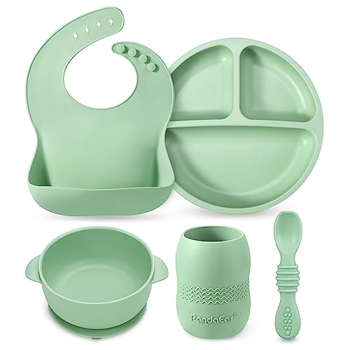 PandaEar Silicone Baby Feeding Set 6-12 Months| Baby LED Weaning Supplies| Infant Toddler Feeding Set| Silicone Baby Bib + Baby Plate with Suction + Baby Cup + Baby Bowls and Spoon First Stage Set