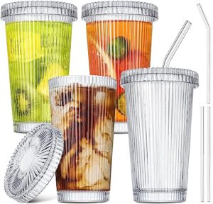 gmisun iced coffee cups with lids, glass cups with lids and straws, ribbed glassware, drinking glasses set of 4, vintage glassware cocktail glasses 14oz for cocktail, gift
