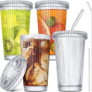 GMISUN Iced Coffee Cups with Lids, Glass Cups with Lids and Straws, Ribbed Glassware, Drinking Glasses Set of 4, Vintage Glassware Cocktail Glasses 14oz for Cocktail, Gift