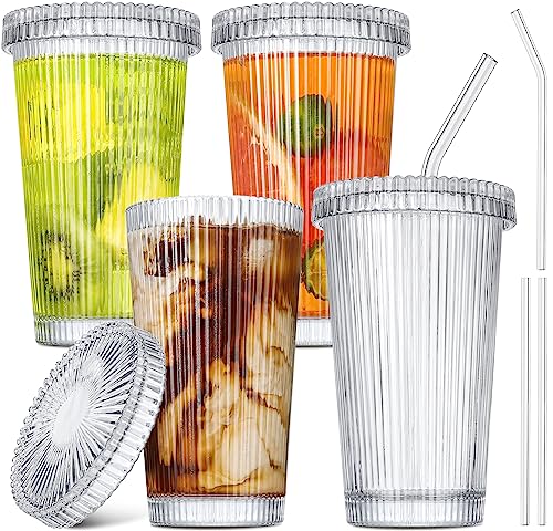 GMISUN Iced Coffee Cups with Lids, Glass Cups with Lids and Straws, Ribbed Glassware, Drinking Glasses Set of 4, Vintage Glassware Cocktail Glasses 14oz for Cocktail, Gift