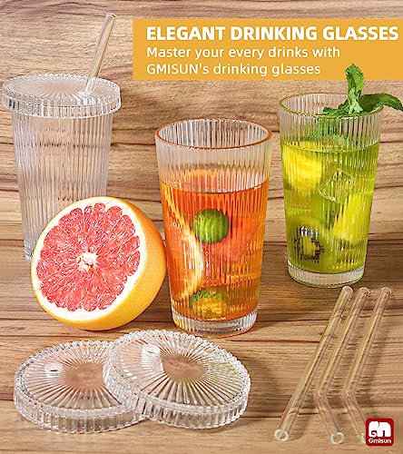 GMISUN Iced Coffee Cups with Lids, Glass Cups with Lids and Straws, Ribbed Glassware, Drinking Glasses Set of 4, Vintage Glassware Cocktail Glasses 14oz for Cocktail, Gift